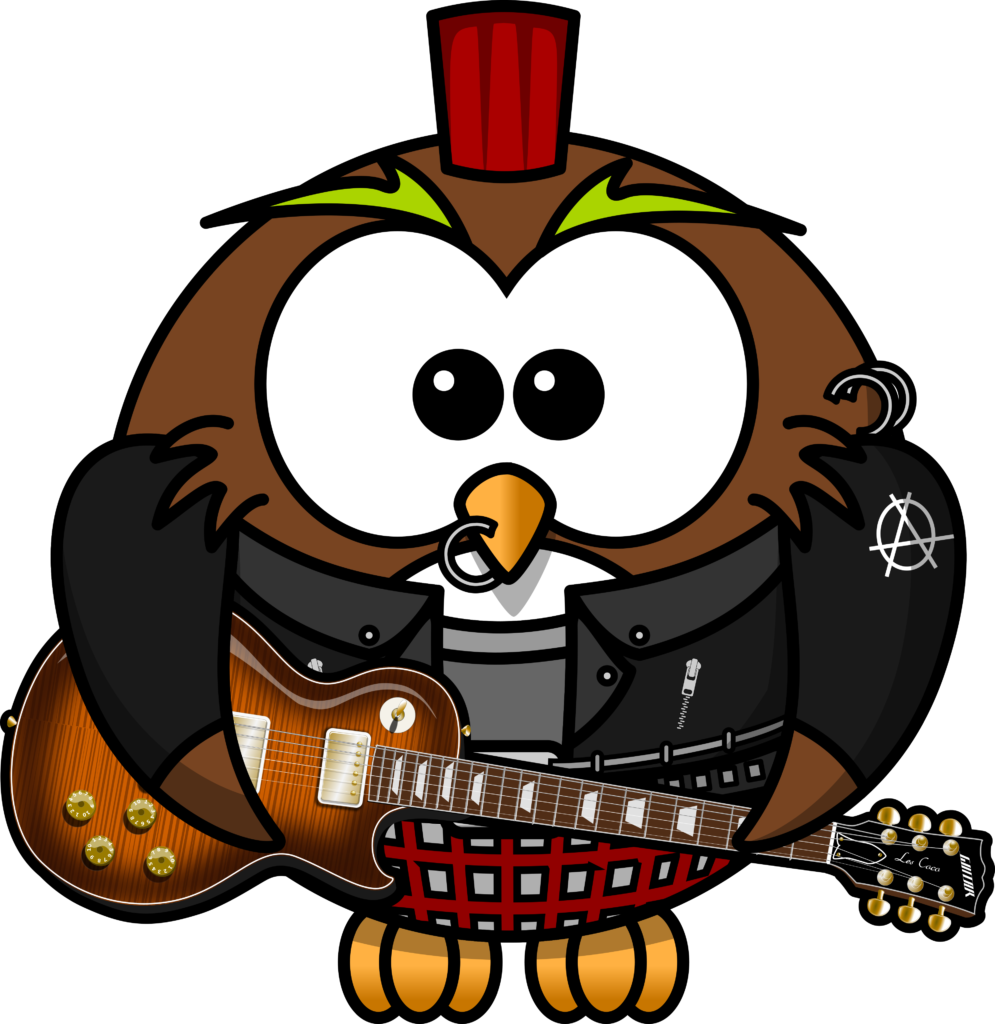 Desenho de uma coruja tocando guitarra