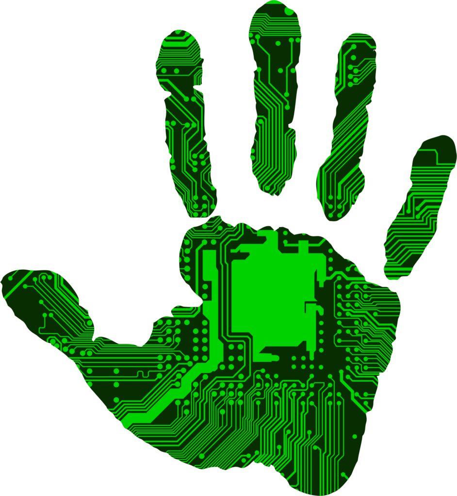Desenho de um mão com circuito eletrônico