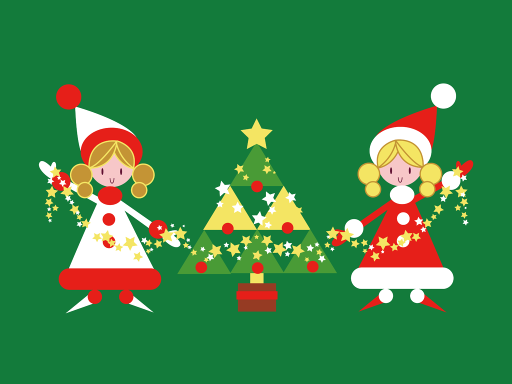 Desenho de uma árvore de natal e duas garotas