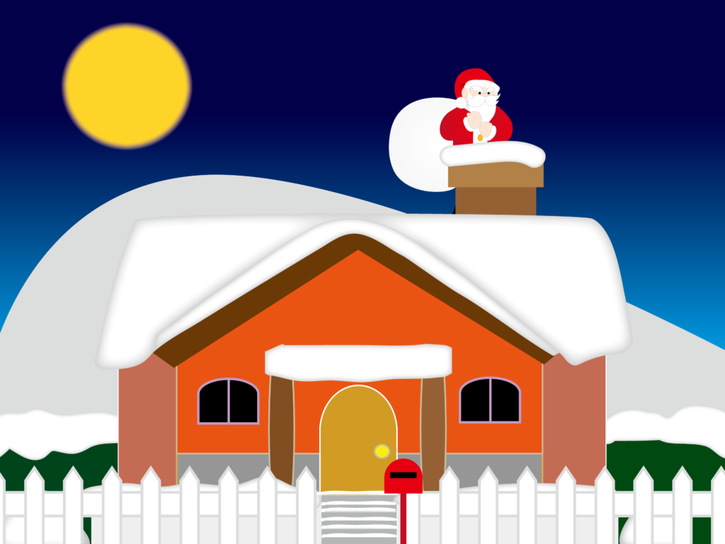 Desenho de uma casa com o Papai Noel na chaminé