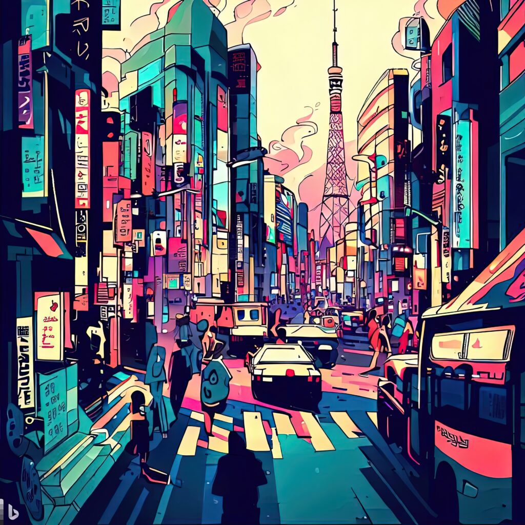 Desenho de uma rua em Tóquio