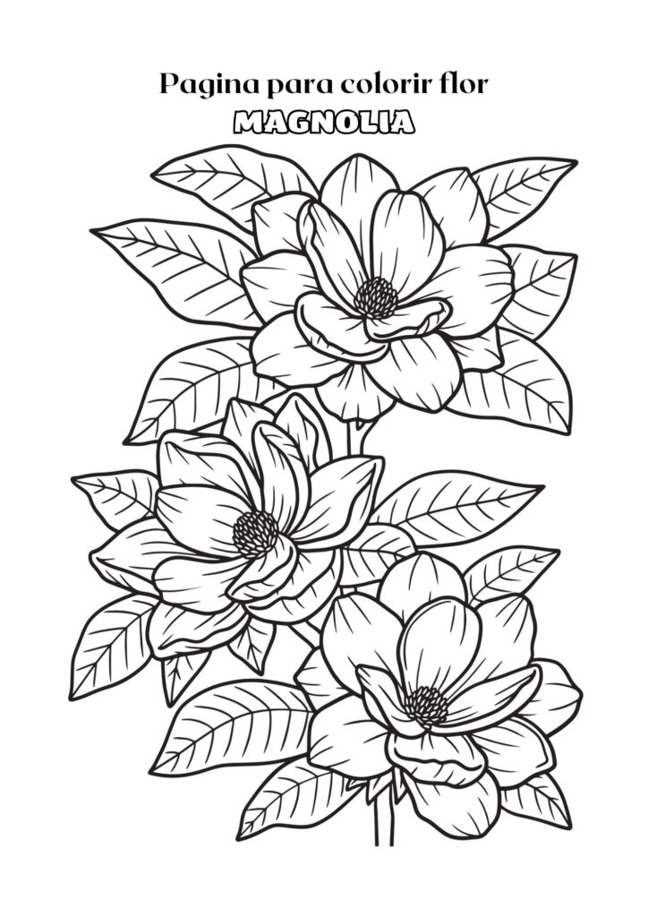 Página para Colorir Adulta em Preto e Branco com Flor de Magnólia