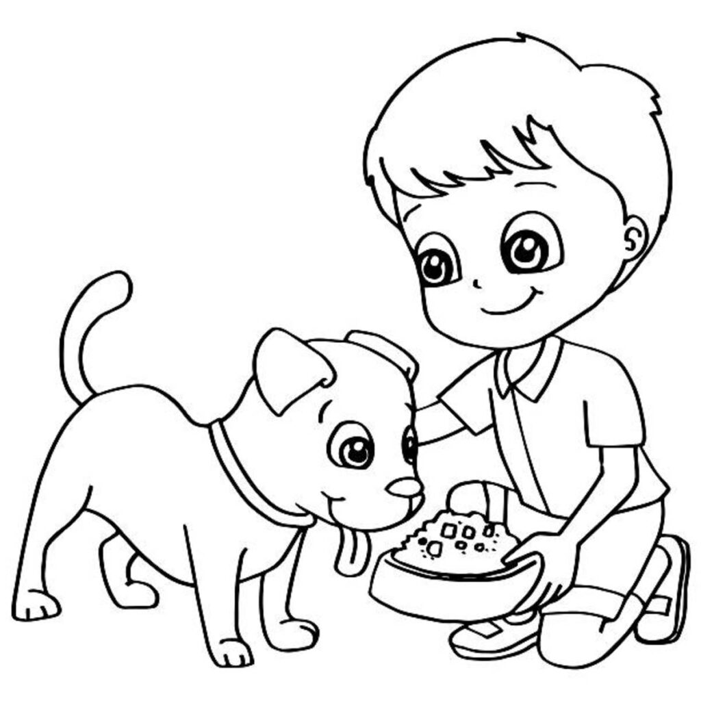 Página para colorir Menino alimentando o cachorro