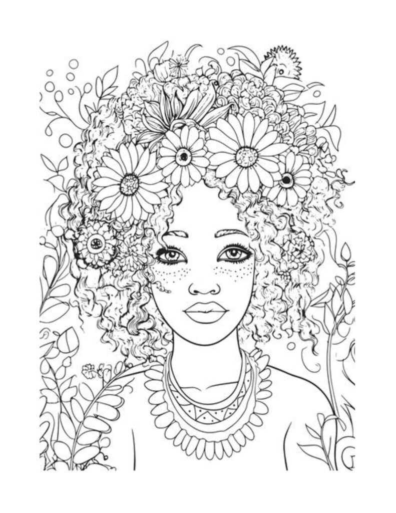 Mulher negra com uma flor para colorir