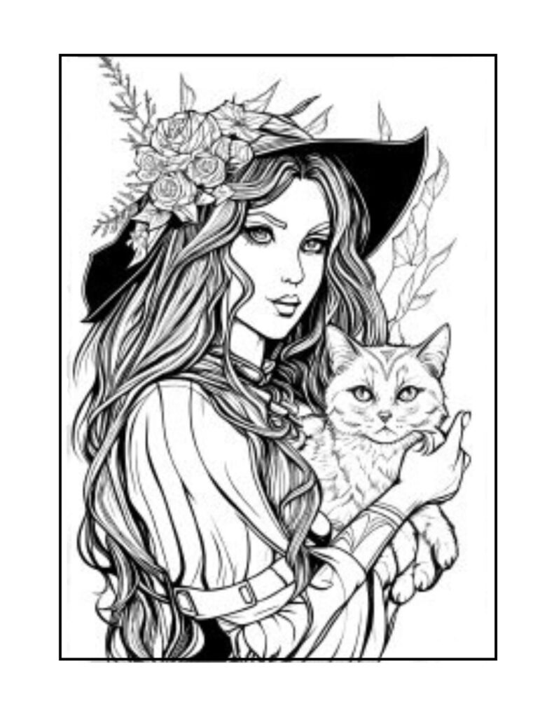 Página para colorir de bruxa e seu gato