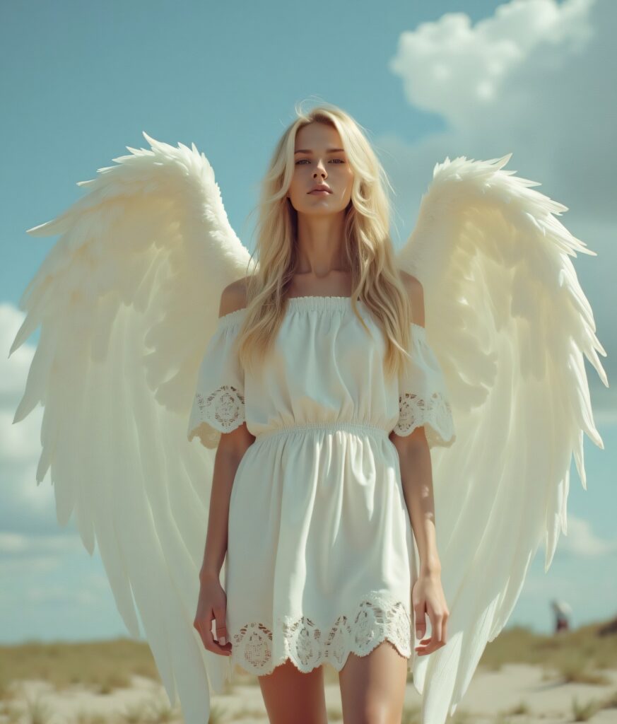 Anjo com Vestido Branco e Asas Majestosas