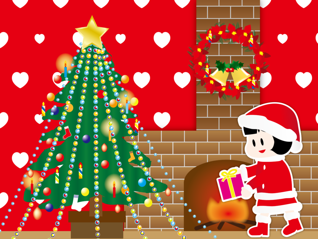 Árvore de Natal com Criança e Lareira