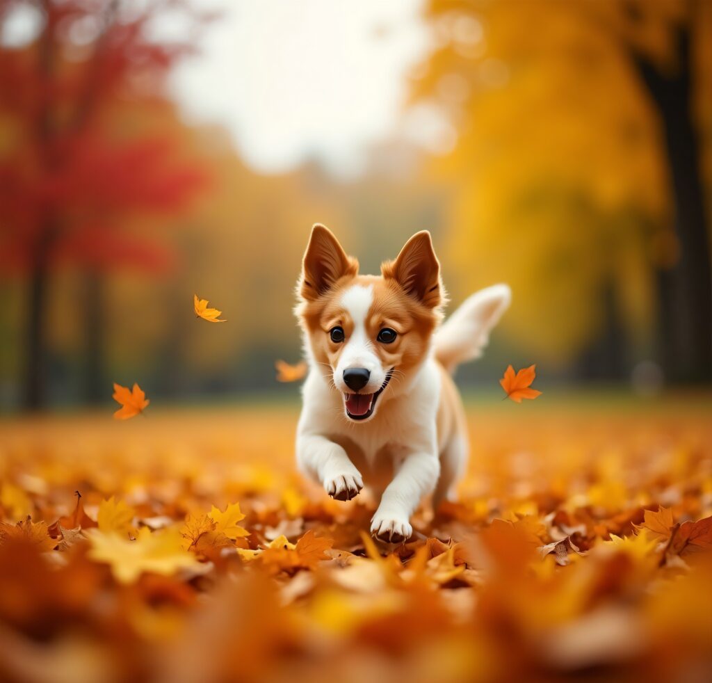 Cachorro Correndo Entre Folhas De Outono