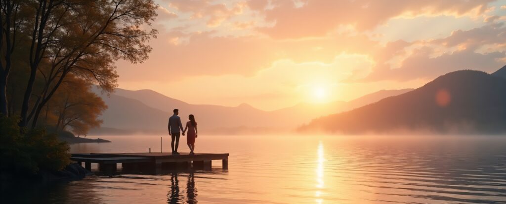 Casal Admirando o Pôr do Sol no Lago