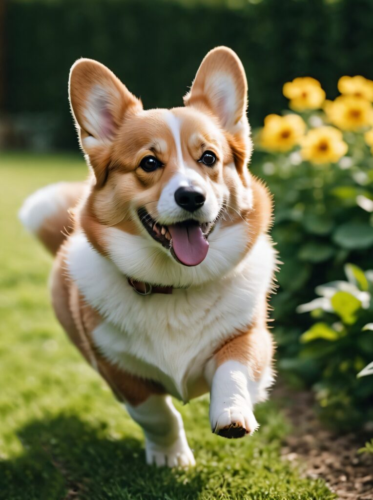 Corgi em Alegria no Jardim