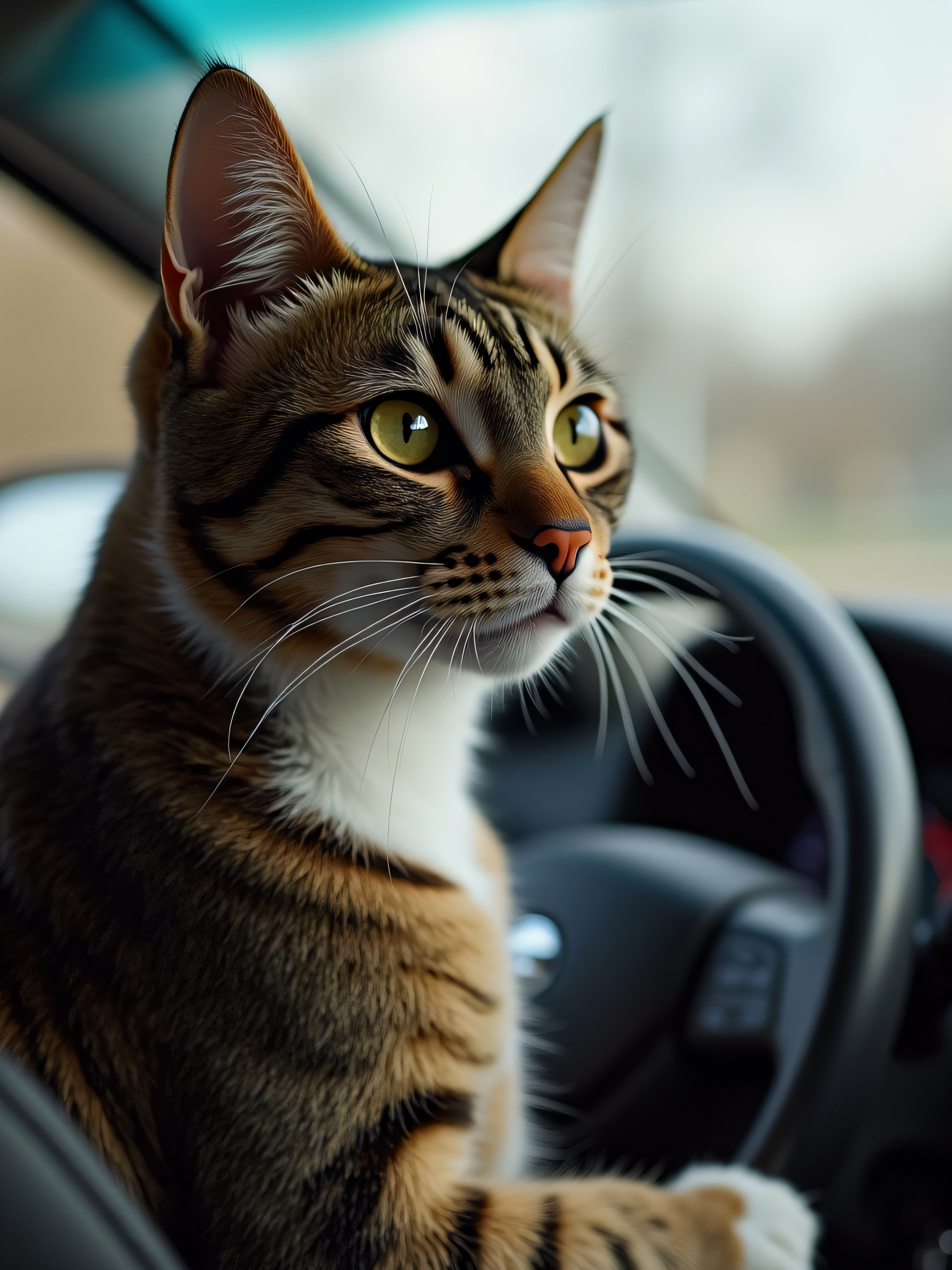 Gato Dirigindo em Carro