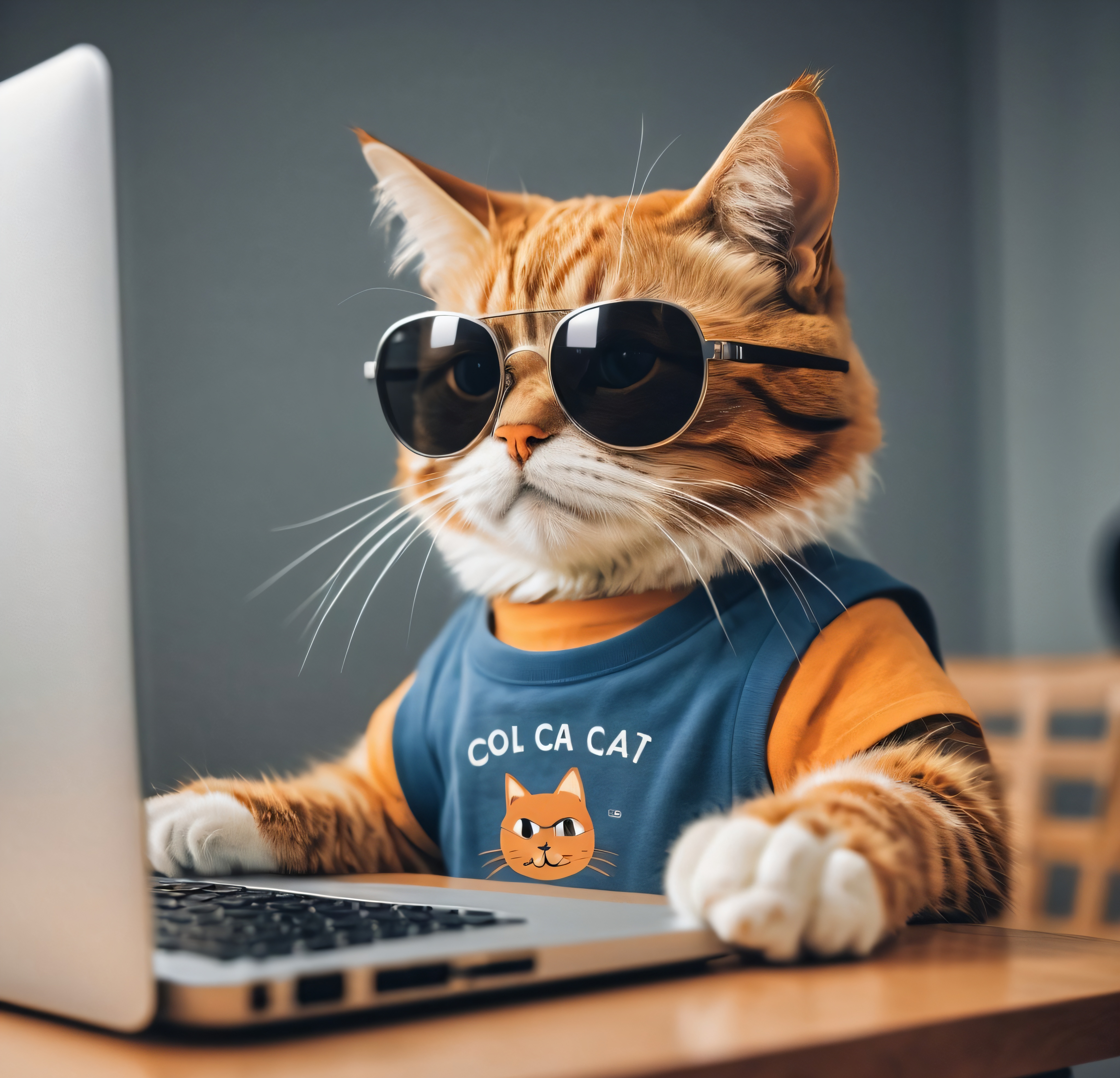 Gato Laranja Usando Óculos de Sol e Computador