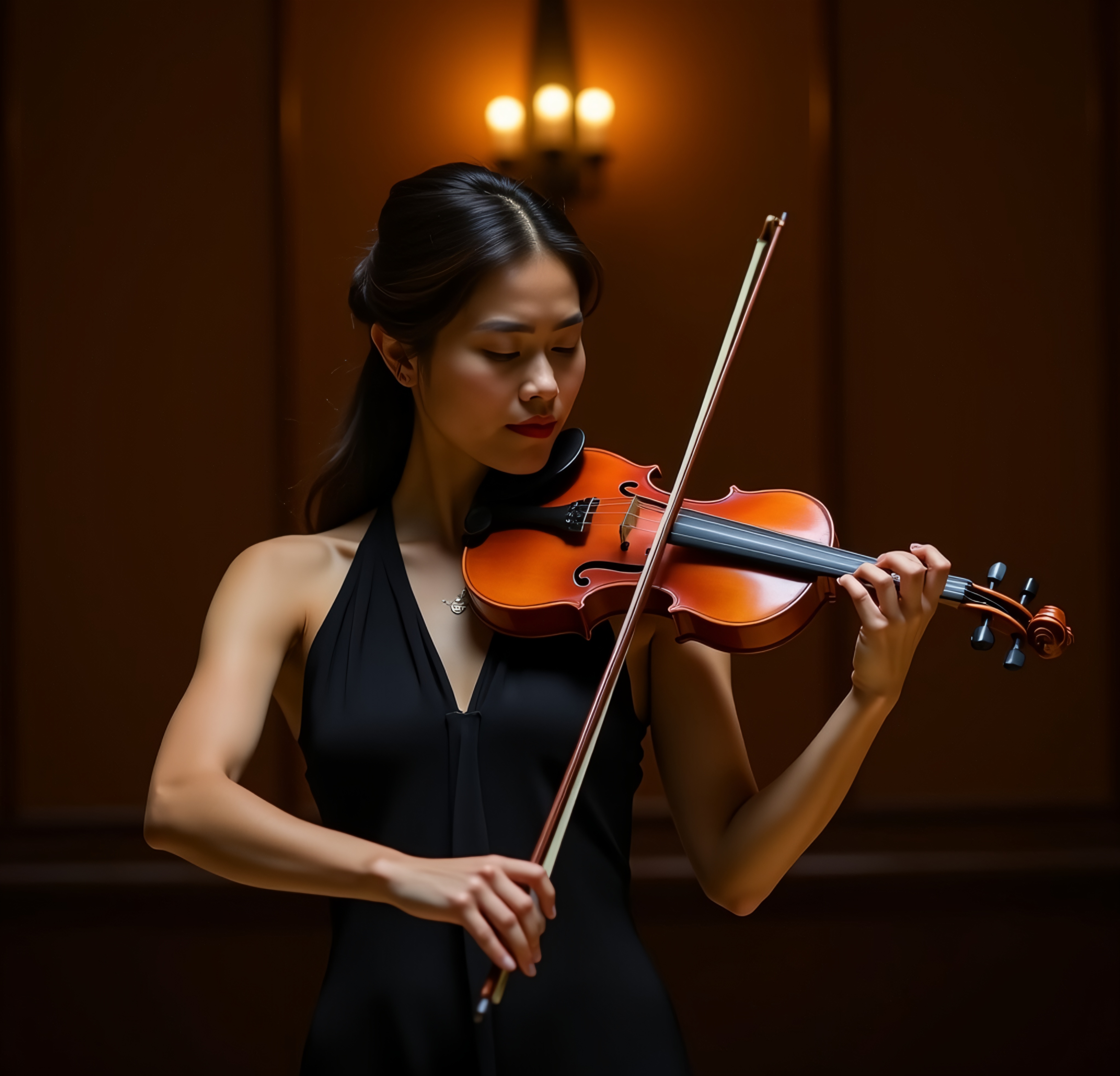 Imagem de Mulher Tocando Violino em Ambiente Clássico