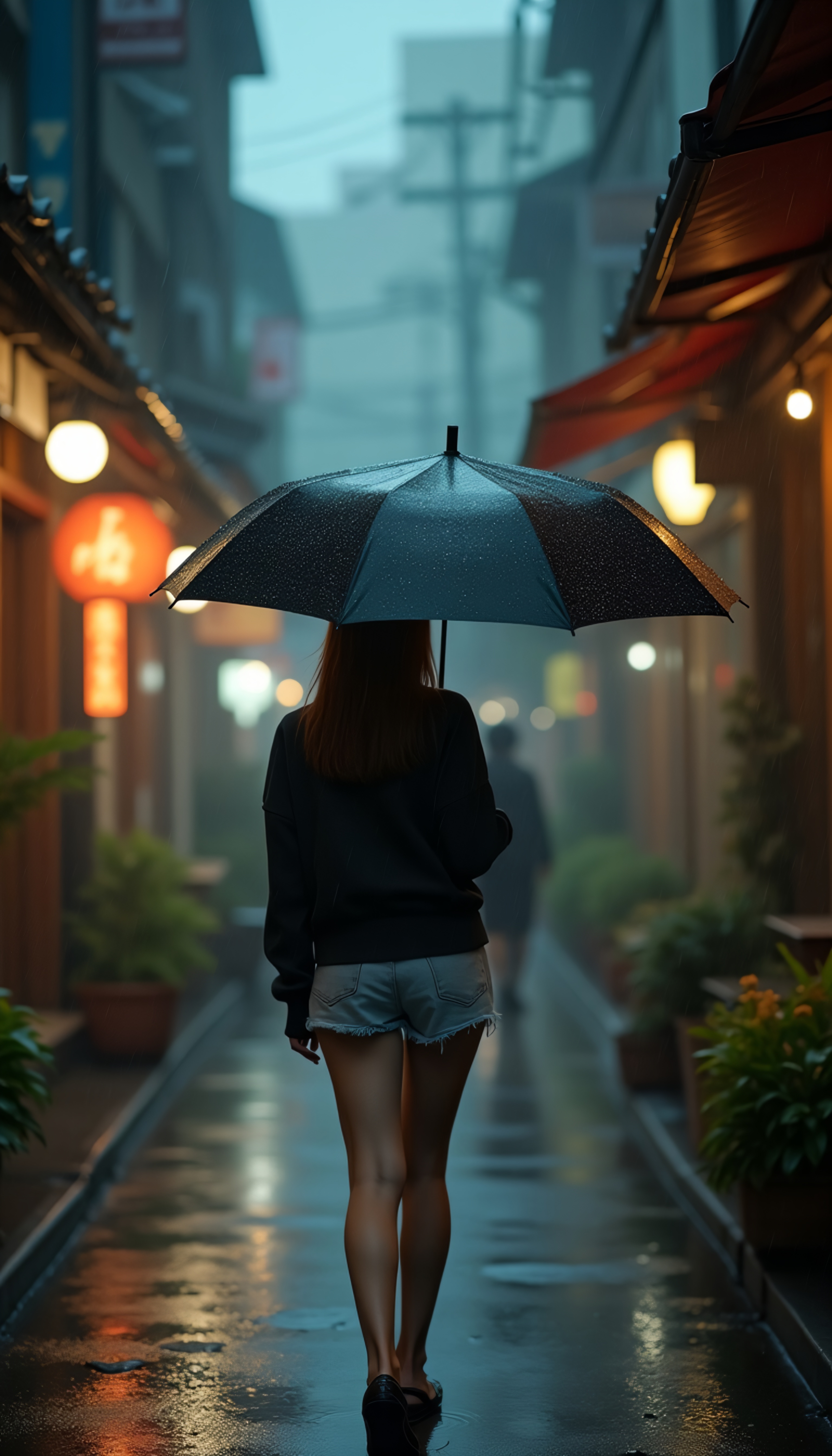 Imagem de Mulher com Guarda-Chuva em Rua Chuvosa à Noite