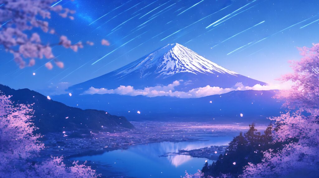 Monte Fuji com Cerejeiras e Céu Estrelado