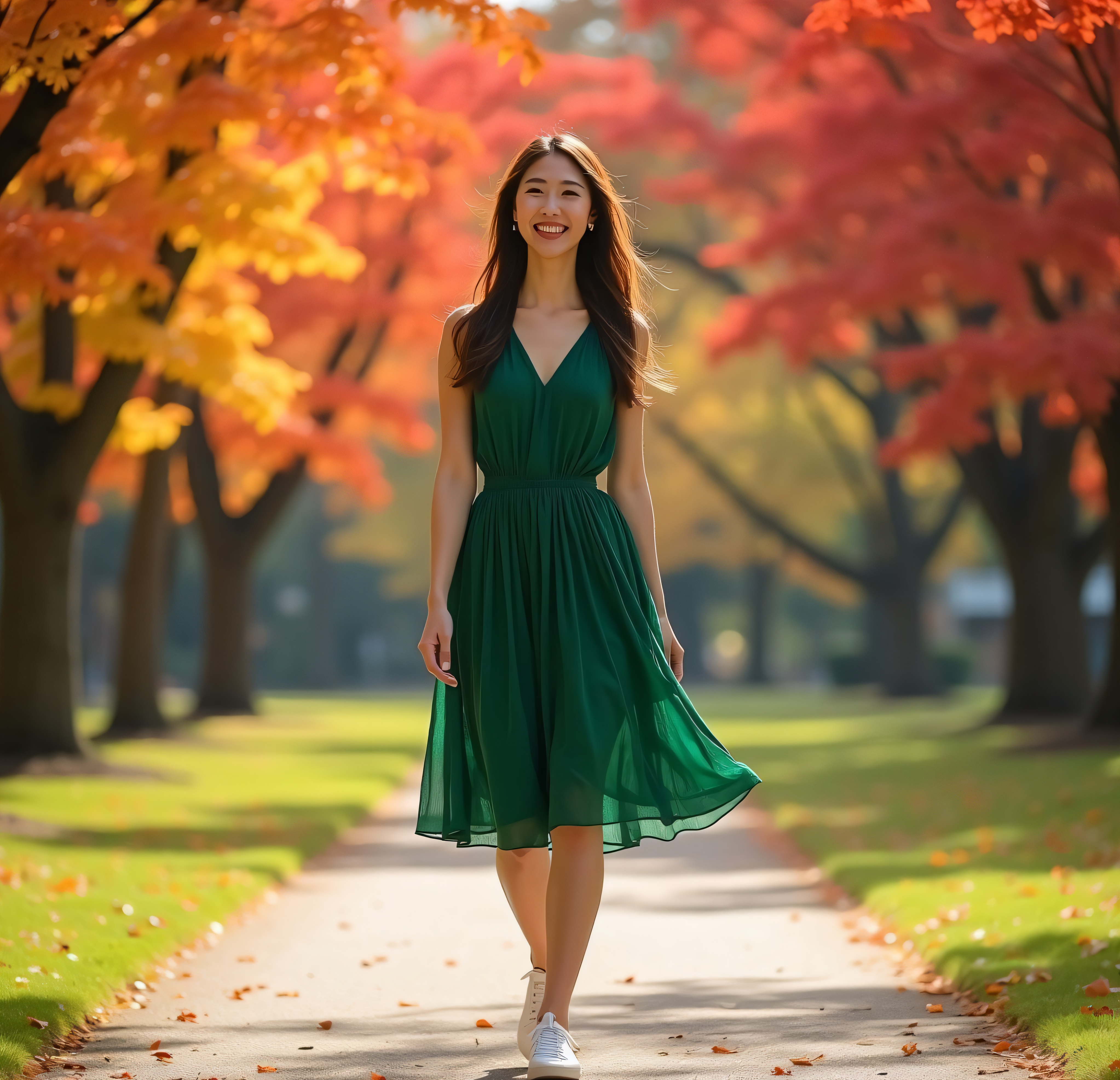 Mulher De Vestido Verde No Parque