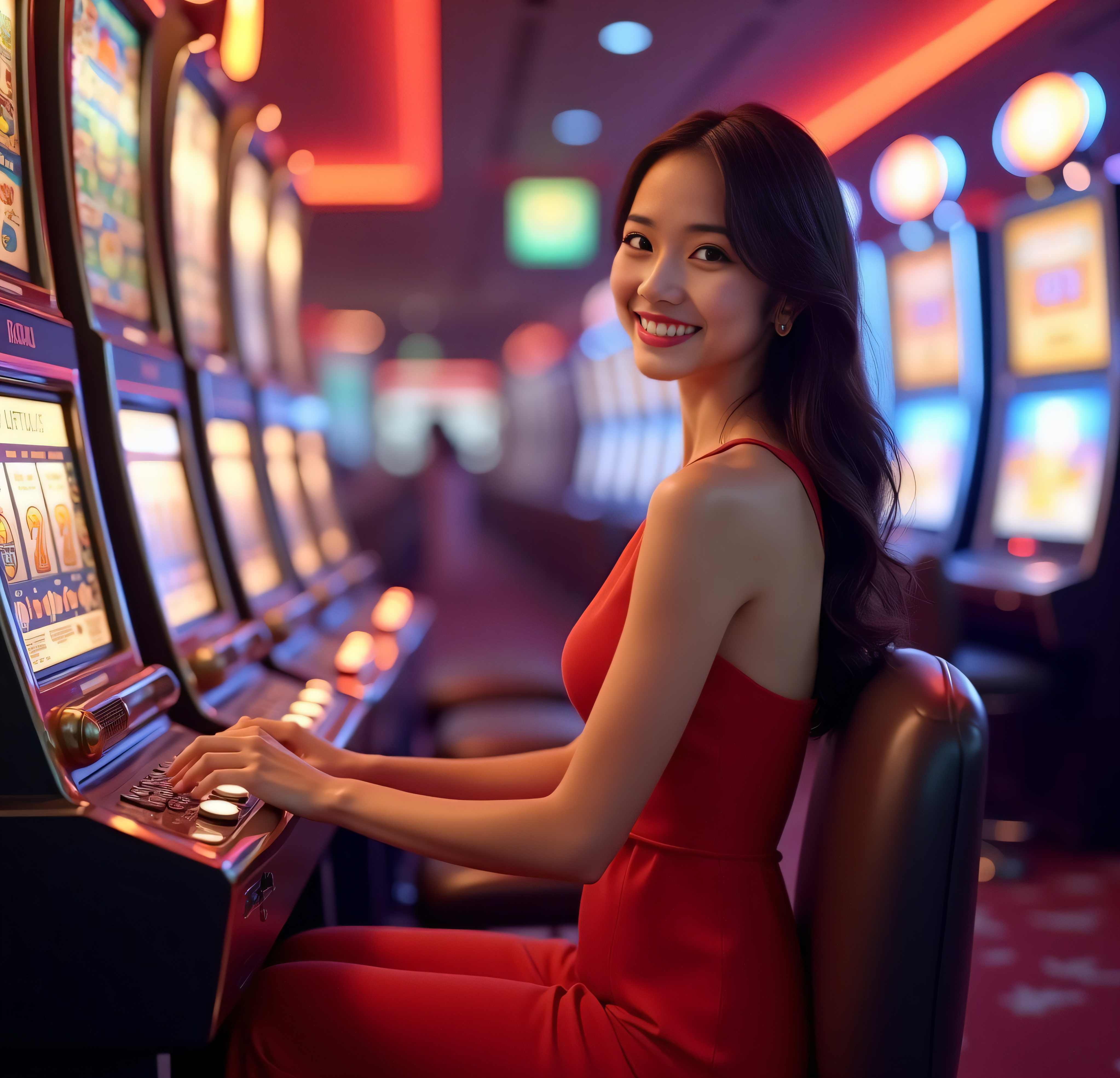 Mulher em um Cassino Jogando em Máquinas de Slot