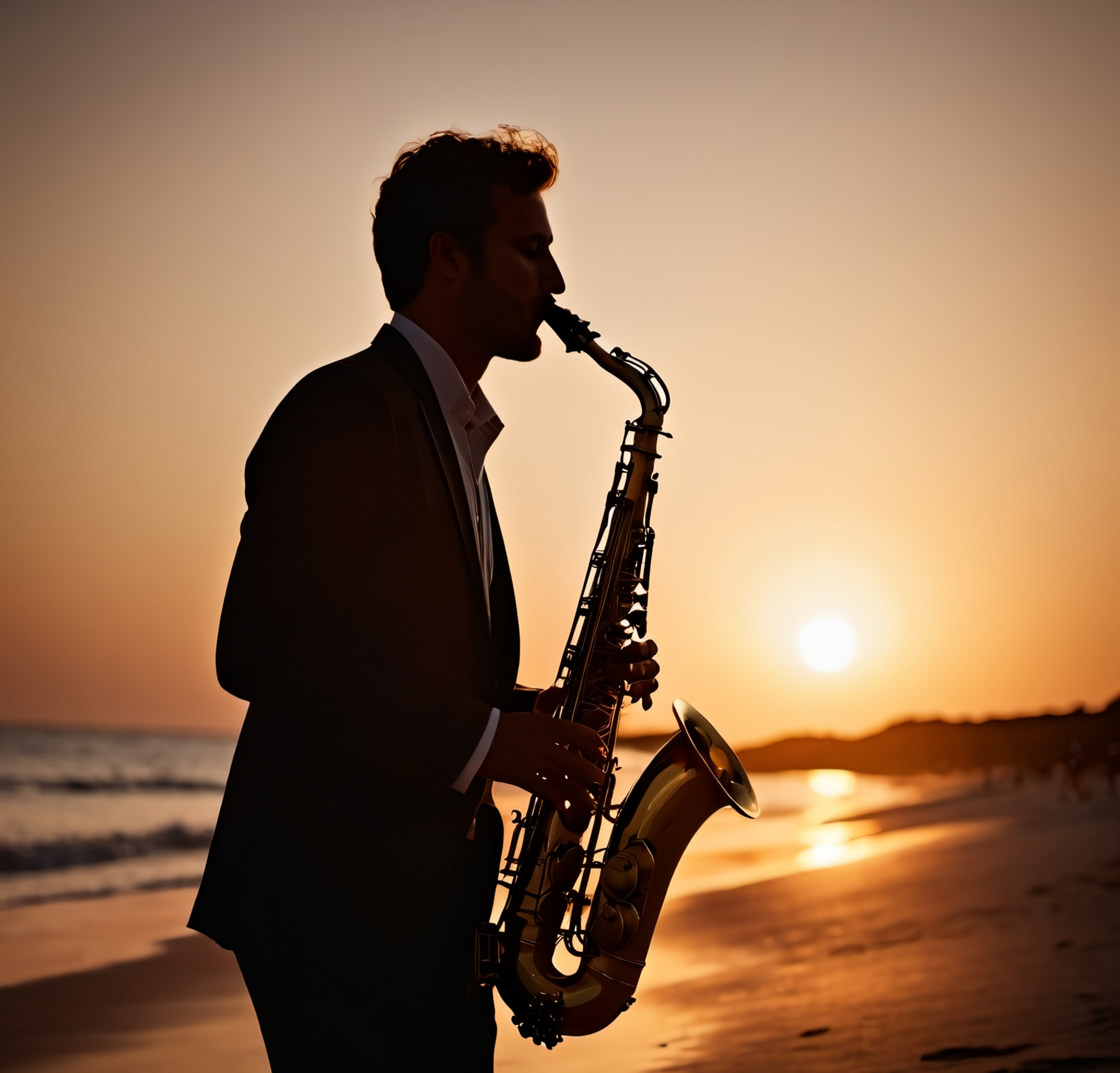 Músico Tocando Saxofone ao Pôr do Sol na Praia