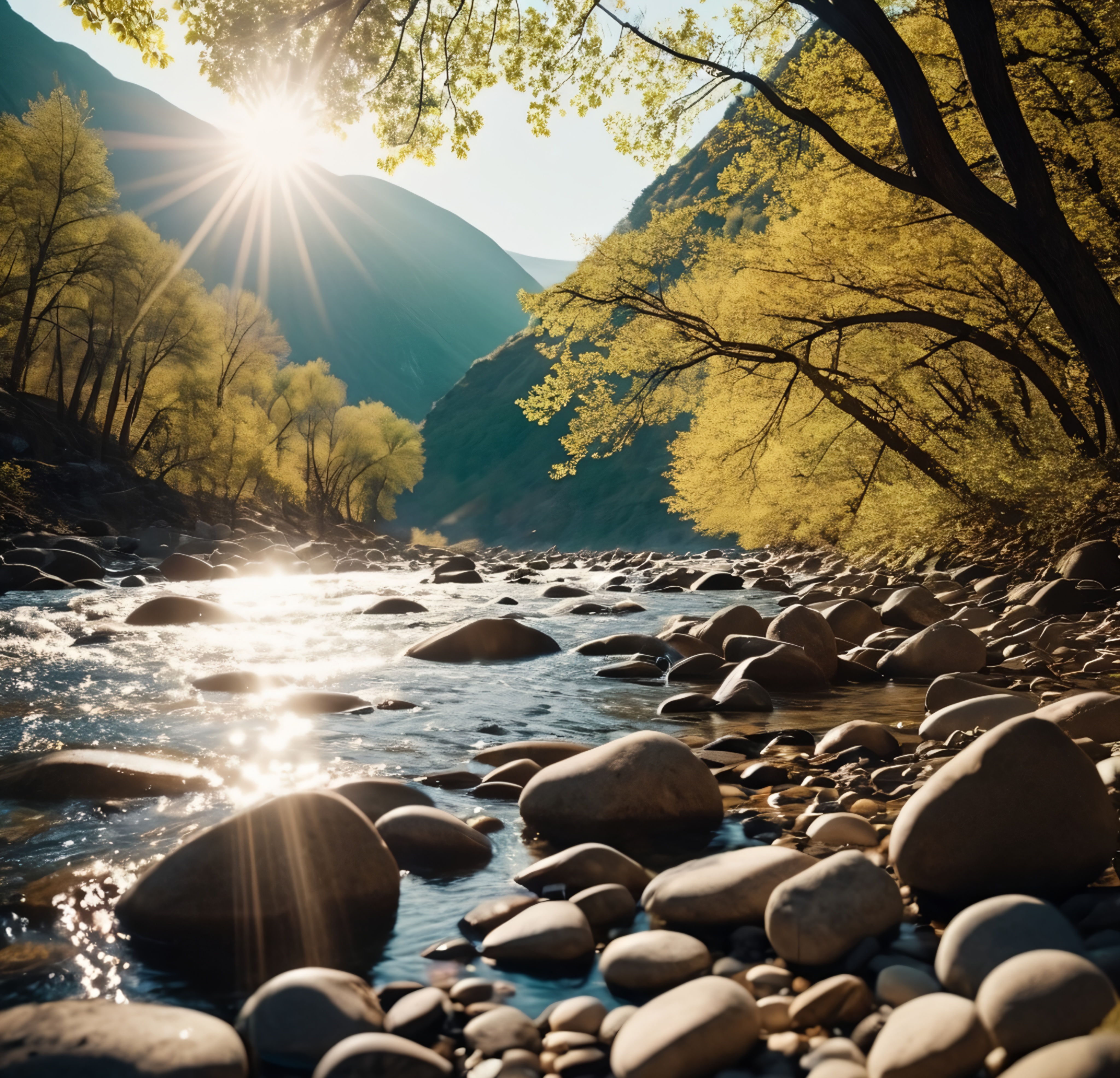 Paisagem de Rio com Pedras e Árvores Iluminadas pelo Sol