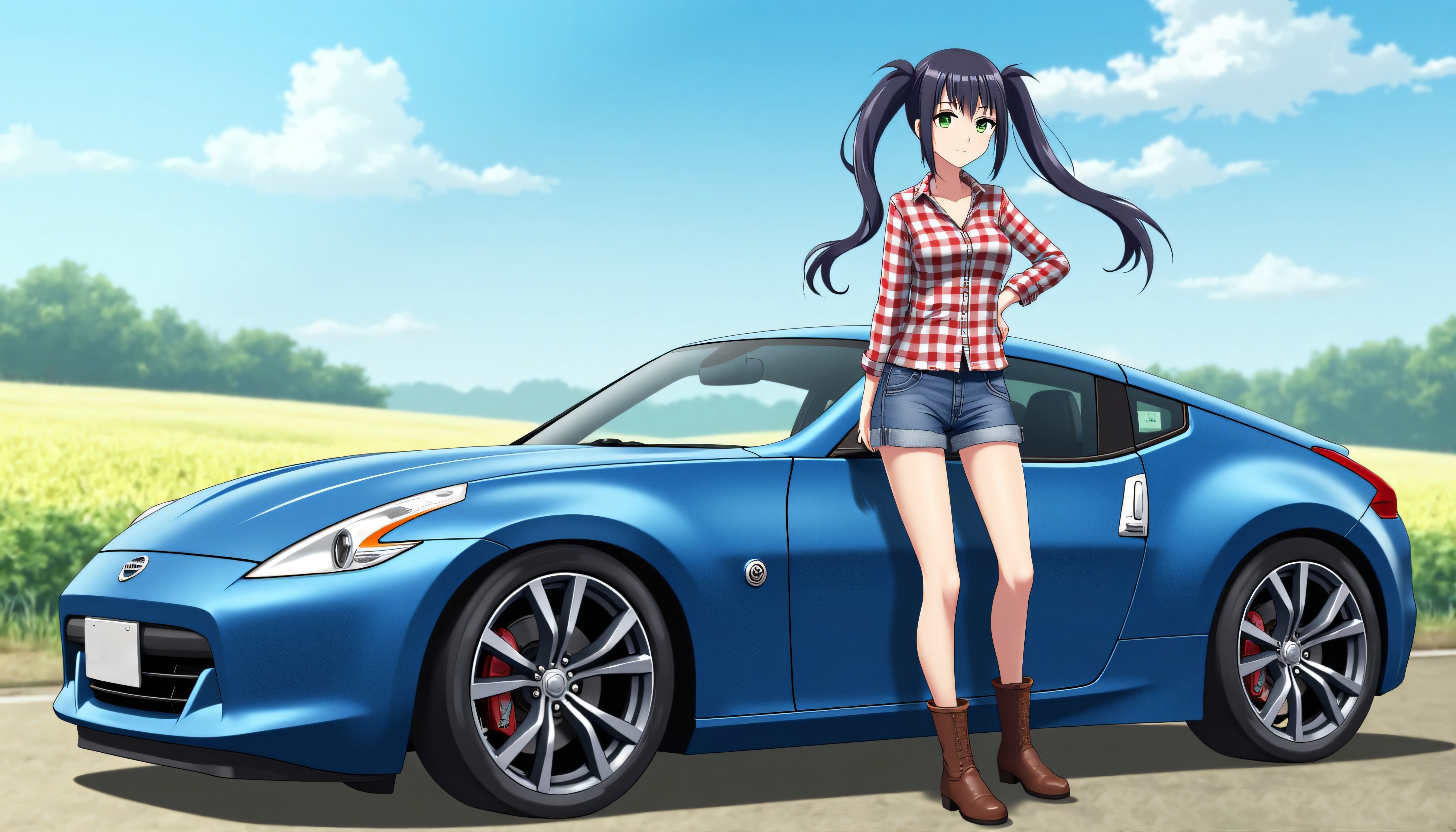 Personagem Anime com Carro Esportivo Azul