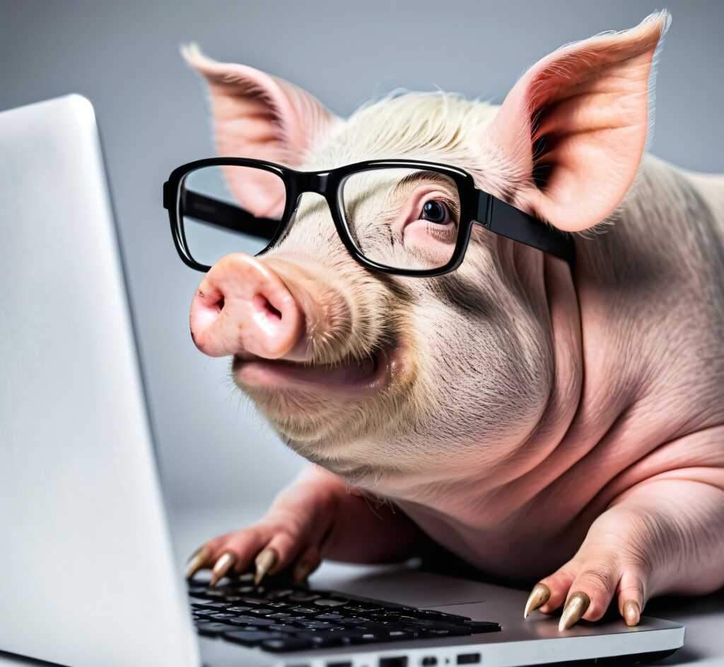 Porco Com Óculos Usando Computador