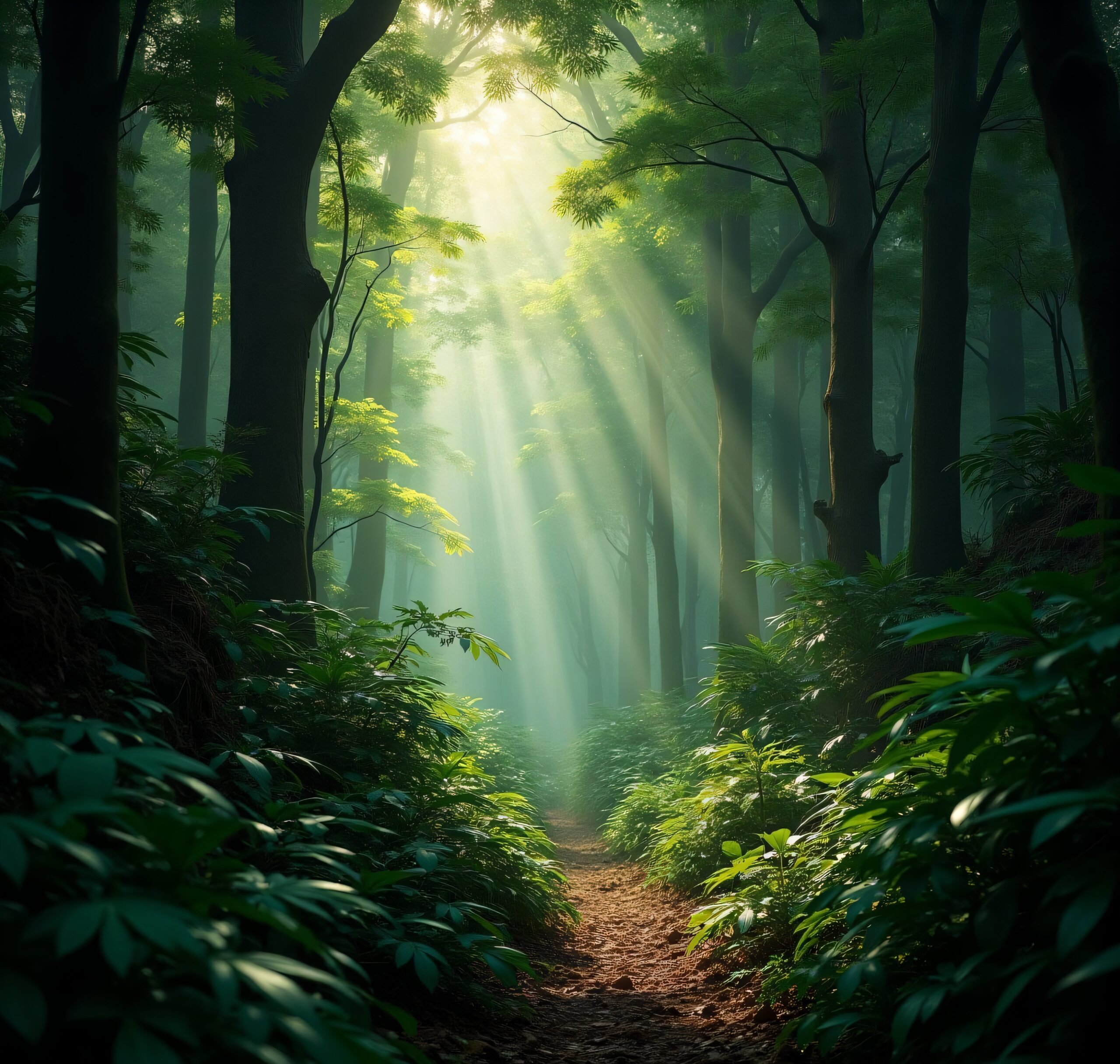 Trilha Envolta Por Raios De Luz Em Uma Floresta Verde